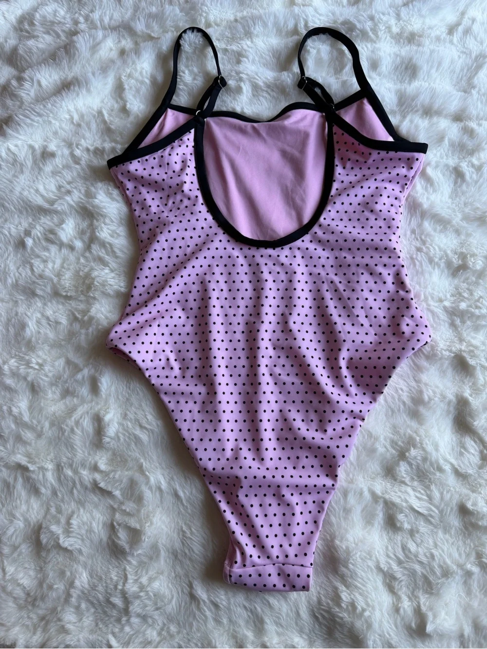 Frankie's Bikinis Pink Polka Dot One-Piece with Black Trim